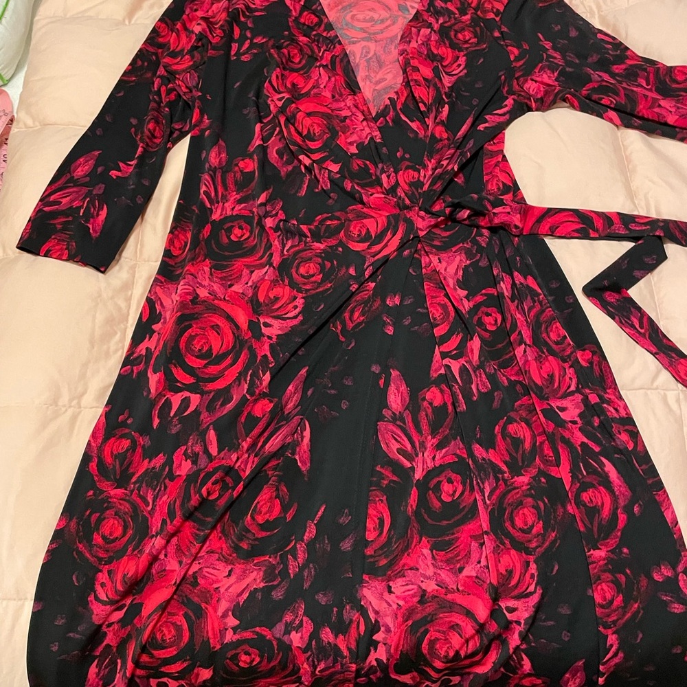 Dress Barn Black Wrap Dress with Red Rose Print High-Low Hem